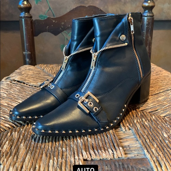 ✨Black Moto Ankle Boots Gold Zips Buckle Studs✨6.5 - Picture 6 of 13